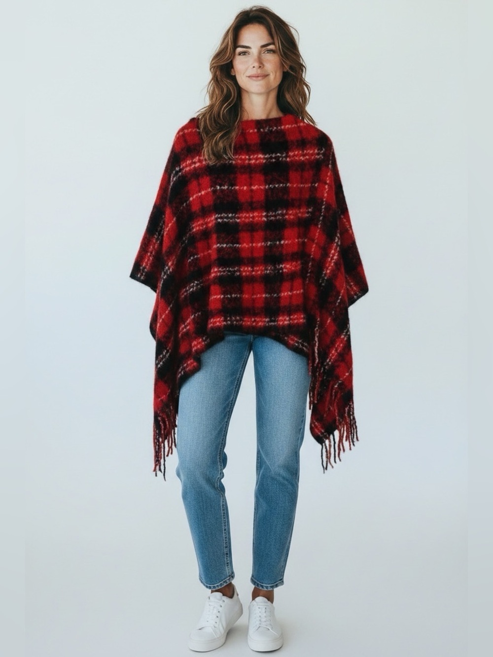 Black & Red Plaid Fringed Poncho One Size Fits Small Medium